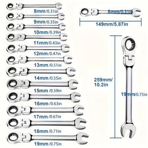 유연한 라쳇 렌치 세트 12pcs 8-19mm 스패너 기어 링 라쳇 콤비네이션 플렉시 렌치 키트 미터법 플렉스 헤드
