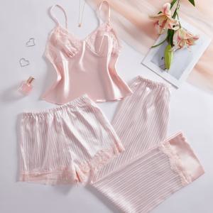 새로운 레이스 패치워크 프린트 - 캠이 쇼츠 및 긴 바지 여성용 잠옷 3pcs 세트, 선물용 및 외출복으로 착용 가능