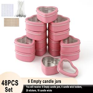 48개 양초 제작 키트 — 투명 창문 뚜껑이 있는 핑크 하트 모양의 틴 | 2.2 oz 하트 모양의 양초 용기 | 틴 6개, 받침 6개, 양초 심지 16개, 스티커 20개 포함 | 양초 제작, 양초 홀더 장식, 로맨틱 웨딩 답례품에 적합
