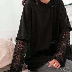 여성 여름 캐주얼 라운드넥 페이크 투피스 레이스 긴팔 티셔츠, 시어 레이어드 슬리브 루즈핏 캐주얼 탑