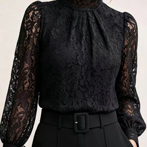 우아한 여성용 레이스 상의, 높은 목선과 퍼프 긴소매, 가슴 주름 장식이 있는 시스루 꽃무늬 레이스 블라우스, 캐주얼 및 사무실 출퇴근복용