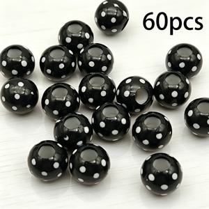 60개 12mm 블랙 아크릴 큰 구멍 비즈, 블랙 베이스 화이트 물방울 무늬 원형 비즈 공예 재료, 수제 비즈 제작, 의류 주얼리 추가, 장식, 공예 용품, 방 장식, 예술 창작, 헤어 장식용