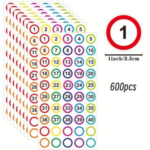 10매, 600개 연속 번호 라벨, 2.54cm 숫자 스티커 1-40, 컬러 숫자 스티커, 재고 스티커, 탈부착 가능한 도트 스티커, 교실, 사무실, 창고, 실내, 박스용