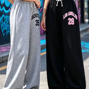 ' 십대 와이드 레그 스포츠 바지 2pcs 세트, 탄성 드로스트링 허리 밴드, 레터 및 숫자 프린트, ' 십대 루즈 캐주얼 스웨트팬츠, 야외용, 십대용