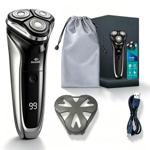 수납 파우치 포함 남성용 전기면도기, USB 충전식 남성용 전기면도기, 여행 및 가정용 휴대용 수염 정리기, LED 디스플레이 포함, 최고의 휴일 선물