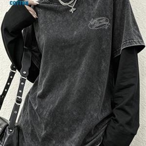 여성 워싱 빈티지 페이크 투피스 긴팔 티셔츠, 부드럽고 통기성 좋음, 디스트레스드 룩, 캐주얼 스트리트웨어 스타일, 레이어드 디자인의 오버사이즈 핏