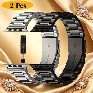 Apple Watch 밴드 호환 메탈 밴드 2개입 (남성용 42mm 44mm 45mm 46mm 49mm 38mm 40mm 41mm), 스테인리스 스틸 스트랩, 비즈니스 및 일상복 착용에 적합, Iwatch 밴드 시리즈 11 10 6 5 4 SE Ultra3 2 1 호환