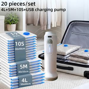 20개 세트 - 다양한 사이즈, 진공 보관백 + USB 전동 에어펌프(충전 케이블 포함), 1500mAh 장시간 배터리, 휴대용이며 사용이 매우 편리함, 의류 및 계절용 이불 교체물 보관용 고품질 진공 압축백