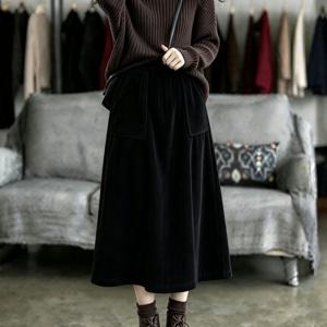 여성용 큰 주머니가 있는 코듀로이 A라인 미디 스커트 - 통근용 빈티지 요세미티 우산 스커트, 가을/겨울용 기계 세탁 가능 코듀로이 하프 스커트, 단색 신축성 없는 시즌 옷장 필수품