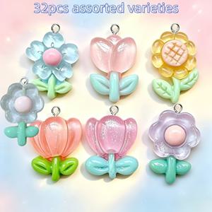 랜덤 구성 32개 꽃무늬 시리즈 펜던트, DIY 주얼리 제작, 목걸이, 귀걸이용 - 초보자와 전문가를 위한 완벽한 핸드메이드 선물 - 주얼리 액세서리 참