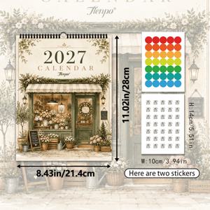 1개, 2027년 달력, 레트로 수채화 코너 꽃집 벽 달력, 유럽 농촌 소규모 상점 월별 달력, 힐링 분위기 벽 장식 달력, 가정, 사무실에 적합