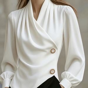 간편하고 우아하며 섬세한 비대칭 밑단 V넥 긴팔 블라우스, 진주 버튼 장식의 러플 넥라인