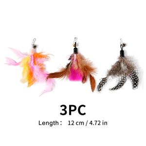 3개입 고양이 장난감 막대기 교체용 헤드, 세 가지 깃털 스타일: 핑크-오렌지 / 갈색-핑크 / 회색-점박이, 각각 방울과 랍스터 걸이가 포함됨. 깃털 펄럭임 + 방울 소리가 고양이의 본능적인 사냥 본능을 자극, 교체가 쉬움, 자가 오락을 위한 상호작용 놀이, 대부분의 고양이 장난감 막대기에 적합