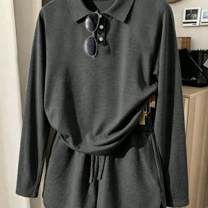이지 다용도 캐주얼 폴로넥 긴팔 상의 및 반바지 게으른 의상 2pcs 세트
