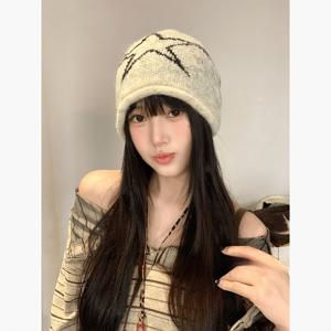 펜타그램 스타일 빔 니들 비니 여성용 게으른 스타일 풀오버 모자 가을 겨울 두꺼운 따뜻한 다용도 큰 머리 둘레의 분위기 있는 모자
