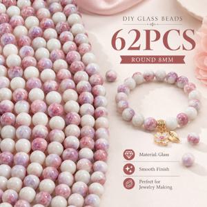 62개 보라색과 흰색 수침기 도자기 구슬(구멍 포함), 8mm 표준 원형 유리 루즈 비즈, DIY 팔찌, 목걸이, 귀걸이, 장식용 액세서리에 적합, 심플하고 활용도 높은 신선한 스타일, 창의적인 재료 키트, 절친을 위한 훌륭한 선물