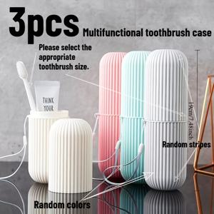 3개 다기능 여행용 칫솔 및 치약 보관 컵 세트, 랜야드 포함, 길이 19cm/7.48인치 | 두꺼운 낙하 방지 천연 PP 제작, 누수 방지 보관 케이스, 색상 랜덤, 헹굼컵 및 치약 홀더 포함, 컴팩트한 디자인, 내구성 있는 플라스틱 여행 및 가정용 보관 상자, 출장, 학생 기숙사, 캠핑, 가정 및 욕실용 휴대용 세면도구 키트에 적합