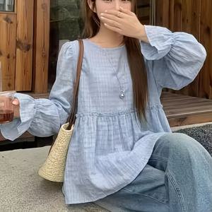 여성용 단색 라운드 넥 A라인 플레어 소매 상의