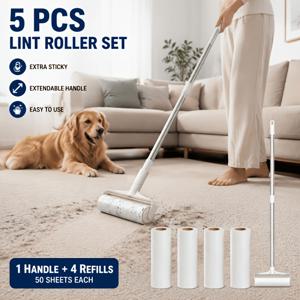 5개 세트 94Cm 길이 조절 롤러 (손잡이 1개, 교체용 롤 4개, 롤당 50매) - 초강력 접착식 수동 반려동물 털 클리너, 바닥, 가구 및 카펫에 적합, 길이 조절 폴대 청소 도구, 가정용