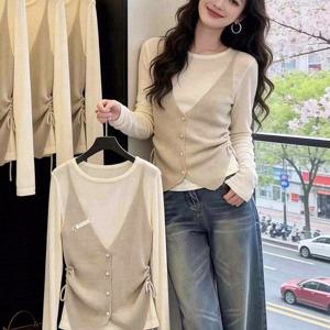 2026 신상 레트로 컬러 인조 레이어드 긴팔 여성용 조임끈 허리 슬림핏 시크 블라우스