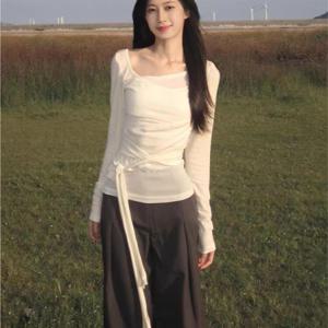 SunburstWonder 여성 긴팔 상의 가을 망사 이음 비규칙 밑단 부드러운 분위기 디자인