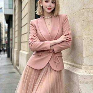 2026년 신상 2피스 의상 세트 프렌치 스타일 우아한 여성 핑크색 긴팔 & 캐주얼 가을용 플로리드 스커트
