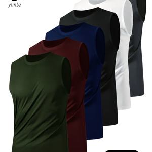 남성용 스포티한 통기성 좋은 경량 민소매 탱크탑 6개 세트, 6가지 색상: 아미 그린, 다크 레드, 네이비 블루, 블랙, 화이트, 그레이. 루즈핏, 속건성, 크루넥, 헬스장 훈련 및 운동용 민소매 셔츠