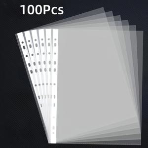 100개 투명 A4 플라스틱 파일 가방 - 11홀, 3링 바인더 호환 문서 보호대, 사무실, 학교 및 가정 정리용 내구성 있는 PP 소재