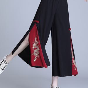 여성용 와이드 레그 팬츠, 여름용 루즈핏 중국풍 자수 쉬폰 앵클 팬츠, 드레이프 스커트와 슬릿이 있는 하이웨이스트 댄스 팬츠