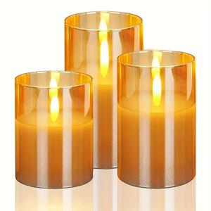 3개 골든 LED 깜빡이는 캔들, 배터리 작동 3D 심지 움직임 필러 캔들, 따뜻한 화이트 빛 실왁스 로맨틱 분위기 & 축제 결혼식 크리스마스 홈 데코 (배터리 미포함)