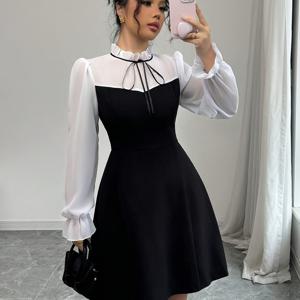 여성용 우아한 러플 칼라 대조 컬러 퍼프 소매 A라인 드레스