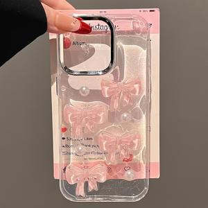휴대폰 케이스 - 귀엽고 간편한 핑크 리본 진주 클리어 에폭시 폰 케이스, 아이폰 17, 에어, 16, 15, 14, 13, 12, 11 Pro Max Plus용, 여아 디자인. 보호 백 커버