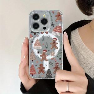 휴대폰 케이스: 귀여운 크리스마스 진저브레드 산타 모자 프린트 투명 마그네틱 스냅온 휴대폰 케이스, 무선 충전 지원, iPhone 18 Pro/18 Pro Max/17/17 Pro/17 Pro Max/11/12 Pro/13 Pro Max/14/14 Pro/15 Plus/16 Pro Max 호환, 크리스마스 선물용
