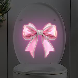 핑크 리본 변기 스티커, 야광 리본, 라인스톤 장식 및 야광 디자인 스티커 포함, 가정 욕실 장식 탱크 변기 스티커