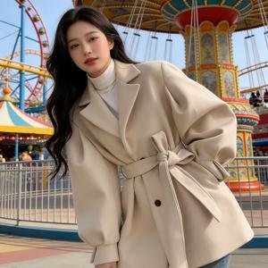 여성 춘추 계절 버블 슬리브 벨트 트렌치 하프 코트 벨트 디자인 미니 숏 자켓 캐주얼 포멀 데이트룩 직장 슬림소녀