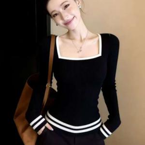 스퀘어 카라 블랙 대비 라인 긴팔 티셔츠 여성용 신상 슬림핏 안감 셔츠