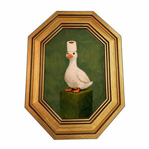 2D 플랫, 2D 플랫, 2D/플랫, 1개, 액자형, 변기 모자 장식의 기발한 오리 초상화, PS 레진 팔각형 금장식 패턴 액자, 거실 또는 욕실용 웃긴 동물 벽걸이 예술, 감성적인 홈 데코 선물