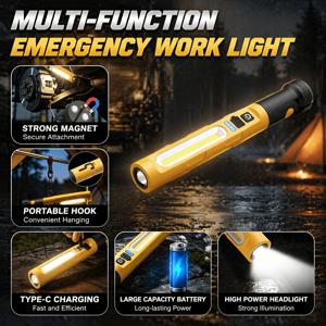 휴대용 자석 LED 작업등, 충전식 자석 후크 작업등 (자동차 수리, 검사, 차고, 작업장용), 비상 무선 배터리 전원식 기계등, 360도 회전, 고점등 스프링 와이어 휴대용 탐지등