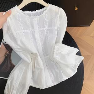 여성용 프렌치 헤비 레이스 블라우스 탑, 허리 끈 & 버블 랜턴 소매 - 봄/가을용 크롭 세미 시어 셔츠, 기계 세탁 가능 라운드 넥 블라우스 셔츠, ES나 스커트와 어울리는, 브런치/캐주얼용 프렌치 스타일 자수