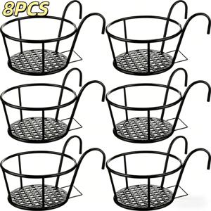 8개 철제 행잉 화분 랙, 후크 화분 랙 포함, 식물 재배 행잉 바구니 랙, 행잉 화분 랙, 화분 용기 추가, 화분 랙 선반, 울타리, 테라스, 발코니, 야외 식물 행잉 화분 랙에 적합
