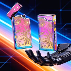 새로운 대용량 USB 충전식 듀얼 아크 라이터, 창의적인 태양 패턴, 지능형 방풍 불꽃 없는 전자식 휴대용 플라ズ마 라이터. 발렌타인데이와 아버지의 날을 위한 최고의 선물
