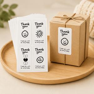 소규모 비즈니스용 자체 접착식 감사 스티커 120개입 팩 120개 - 흑백 웃는 태양 & 하트 라벨, 광택, 포장, , 테이크아웃, 선물 상자, 음식 배달 용품, 일회용 종이 시트에 적합