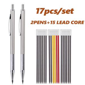 전문가용 메탈 제도 연필 세트 2.8mm | 스테인리스 스틸 연필 2개 (15개 연필심 포함) | 부드럽고 리필 가능하며 내구성이 뛰어난 그립 | , 건축가, 목수, 목공 및 사무실 사용에 적합