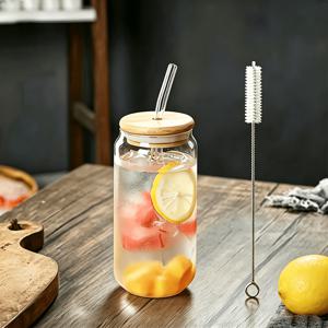 패션 투명 유리컵 1개/2개 세트, 16oz 아이스 커피 음료용 유리컵 콜라컵 세트, 대나무 뚜껑, 유리 빨대, 세척용 브러시 포함. 선물용, 업무용, 음료 세트, 아이스 커피컵, 귀여운 감성적인 찻잔, 수제 음료컵으로 적합