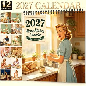 2027 빈티지 벽걸이 달력 - 레트로 1950년대 주부용 플래너, 여성, 엄마, 주방 장식용 월별 그리드 포함, 가정, 학교, 사무실용 연월일이 기재된 월간 차트 - 크리스마스, 새해, 신학기 선물 (1월 1일 - 12월 31일)