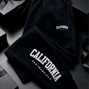 남성용 웨스트 코스트 스타일 헤더 그레이 袖口 조거 팬츠, 가슴 미니 로고 + 다리 대형 CALIFORNIA 아치 슬로건 프린트, 100% 폴리에스터 주름 방지 통기성 드로스트링 스ウェ트팬츠, 여행 휴가용, 가을/겨울 필수품