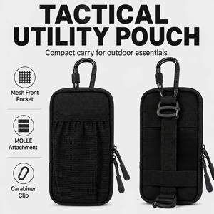 MOLLE 호환 전술 파우치, 클립형 휴대폰 벨트 파우치 (카라비너 및 메시 포켓 포함), 하이킹 캠핑 여행 백팩용 컴팩트 아웃도어 정리 가방