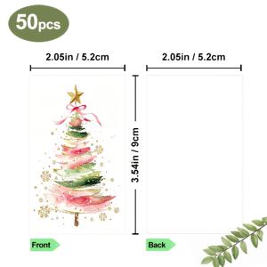 50개 수채화 크리스마스 트리 미니 카드, 포켓 카드, 사이즈 5.2 X 9cm, 산뜻한 핑크-그린 그라데이션 수채화 크리스마스 트리 디자인, 손으로 쓰는 크리스마스 인사말, 감사 메시지용 빈 뒷면, 선물 상자 메시지 카드로 사용