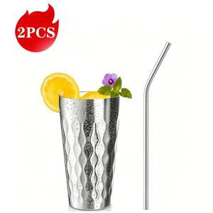 2개 (화염 패턴 스테인리스 스틸 컵 1개 (15.22Oz) 및 빨대 1개) 세트. 이중벽 진공 단열, 내열 및 낙하 방지, 식품 등급 304 스테인리스 스틸. 고품질 해머 디자인. 휴대용 야외 커피 컵/냉장 음료