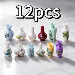 12개 중국 미니어처 레진 꽃병 장식품, 인형의 집 장면 장식 추가, 홈 데코 소품. 장면 조성 재료, 수공예 용품, 수집용 작은 장식품 및 창의적인 작은 선물로 사용 가능